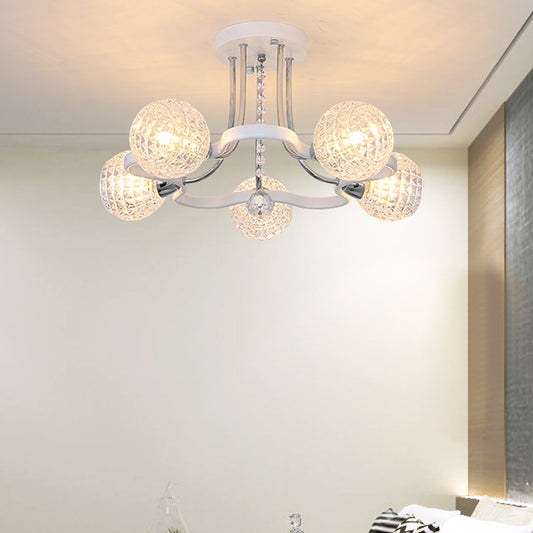 3/5 Lights Ball Semi-Flush Mount Light with Lattice Glass Shade and Crystal Drop Modern Ceiling Light in White Clearhalo 'Ceiling Lights' 'Close To Ceiling Lights' 'Close to ceiling' 'Semi-flushmount' Lighting' 154906