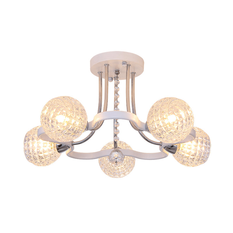 3/5 Lights Ball Semi-Flush Mount Light with Lattice Glass Shade and Crystal Drop Modern Ceiling Light in White Clearhalo 'Ceiling Lights' 'Close To Ceiling Lights' 'Close to ceiling' 'Semi-flushmount' Lighting' 154907