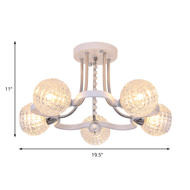 3/5 Lights Ball Semi-Flush Mount Light with Lattice Glass Shade and Crystal Drop Modern Ceiling Light in White Clearhalo 'Ceiling Lights' 'Close To Ceiling Lights' 'Close to ceiling' 'Semi-flushmount' Lighting' 154908