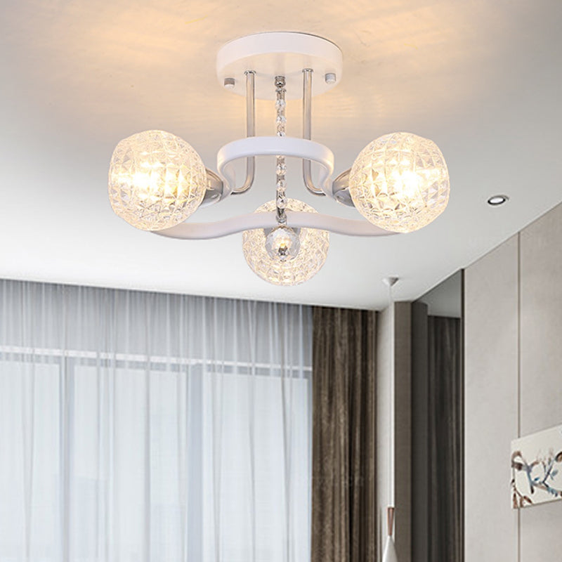 3/5 Lights Ball Semi-Flush Mount Light with Lattice Glass Shade and Crystal Drop Modern Ceiling Light in White 3 White Clearhalo 'Ceiling Lights' 'Close To Ceiling Lights' 'Close to ceiling' 'Semi-flushmount' Lighting' 154909