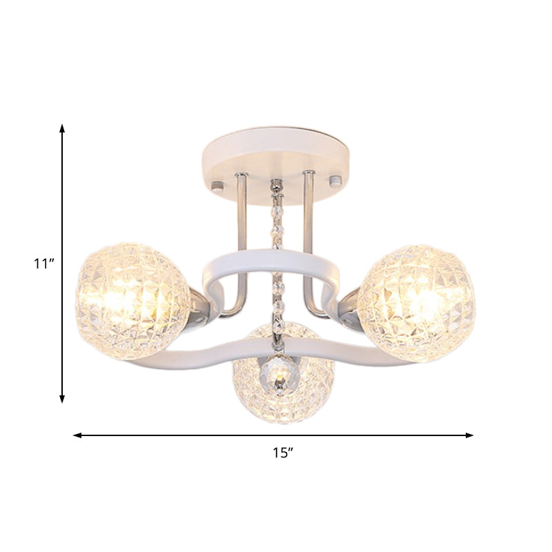 3/5 Lights Ball Semi-Flush Mount Light with Lattice Glass Shade and Crystal Drop Modern Ceiling Light in White Clearhalo 'Ceiling Lights' 'Close To Ceiling Lights' 'Close to ceiling' 'Semi-flushmount' Lighting' 154912