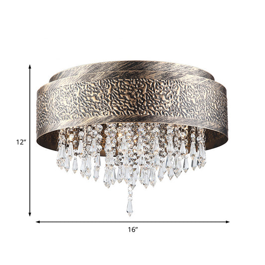 Bronze Drum Flush Lamp Antique Style Iron 5/9 Lights Flush Mount Ceiling Light with Crystal Accent, 16"/19.5" Width Clearhalo 'Ceiling Lights' 'Close To Ceiling Lights' 'Close to ceiling' 'Flush mount' Lighting' 154924