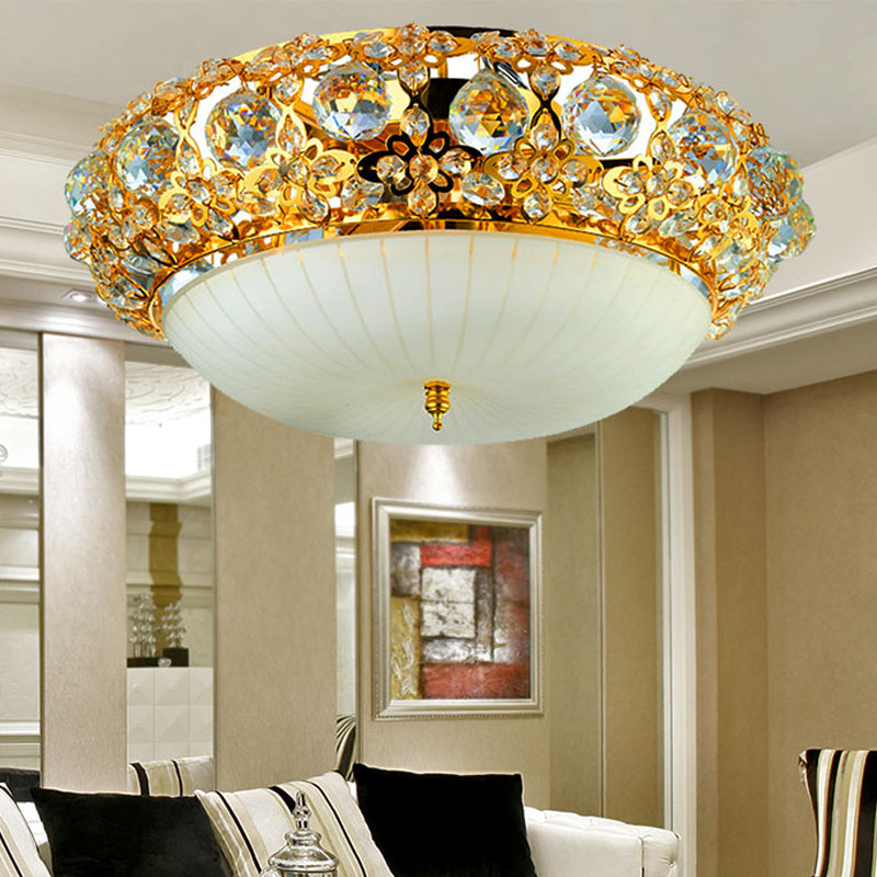 15"/19" W Bowl Semi Mount Lighting Modern Clear Crystal Multi Light Ceiling Fixture with Opal Glass Diffuser in Gold Clearhalo 'Ceiling Lights' 'Close To Ceiling Lights' 'Close to ceiling' 'Flush mount' Lighting' 154956