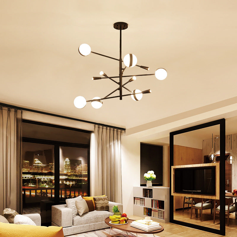 Modern Branch Iron LED Chandelier 10/12-Head Ceiling Pendant with White Glass Ball Shade 12 Black Clearhalo 'Ceiling Lights' 'Chandeliers' 'Modern Chandeliers' 'Modern' Lighting' 154982