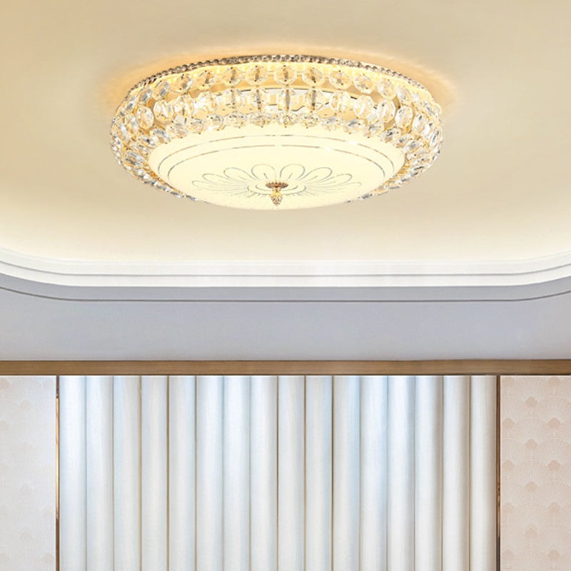 LED Round Ceiling Flush Mount Contemporary Frosted Glass Flush Light with K9 Crystal in Gold, 12"/16" Wide Gold 16" Clearhalo 'Ceiling Lights' 'Close To Ceiling Lights' 'Close to ceiling' 'Flush mount' Lighting' 155020