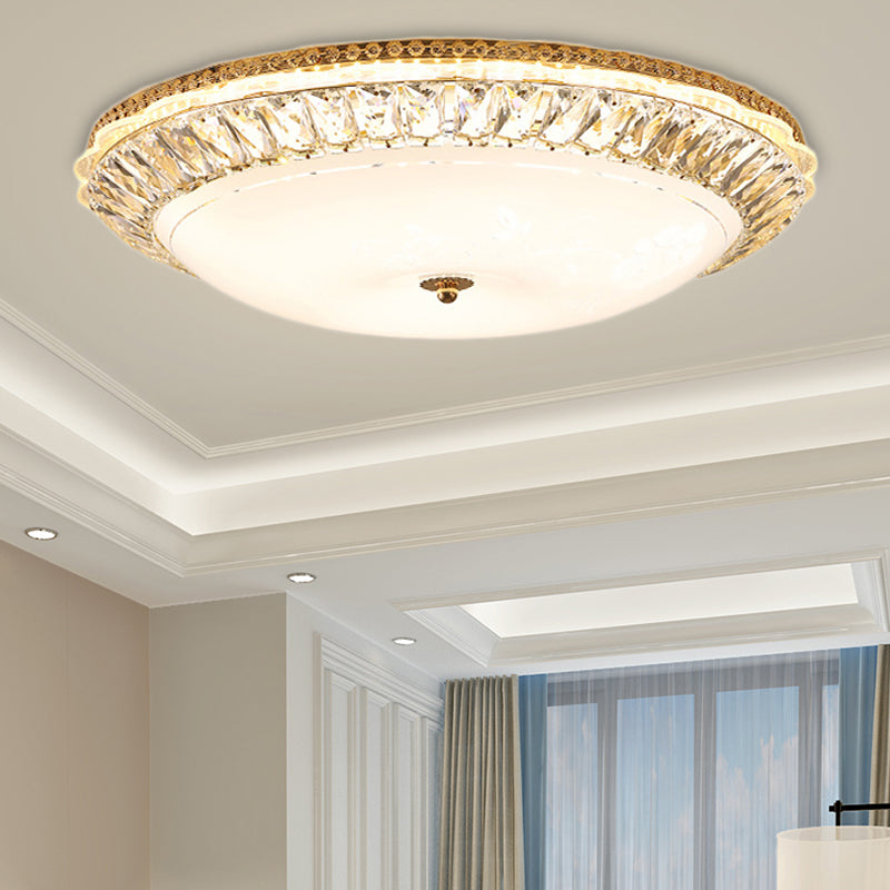 12"/16" W Opal Glass Bowl Ceiling Light Contemporary LED Flush Mount Lamp with K9 Crystal Accent in Gold Clearhalo 'Ceiling Lights' 'Close To Ceiling Lights' 'Close to ceiling' 'Flush mount' Lighting' 155074