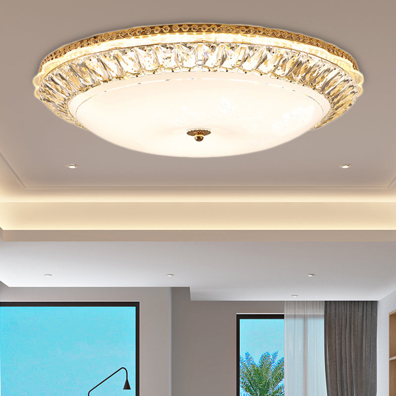 12"/16" W Opal Glass Bowl Ceiling Light Contemporary LED Flush Mount Lamp with K9 Crystal Accent in Gold Gold 16" Clearhalo 'Ceiling Lights' 'Close To Ceiling Lights' 'Close to ceiling' 'Flush mount' Lighting' 155075