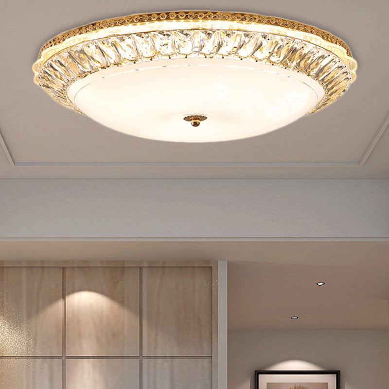 12"/16" W Opal Glass Bowl Ceiling Light Contemporary LED Flush Mount Lamp with K9 Crystal Accent in Gold Gold 19.5" Clearhalo 'Ceiling Lights' 'Close To Ceiling Lights' 'Close to ceiling' 'Flush mount' Lighting' 155077