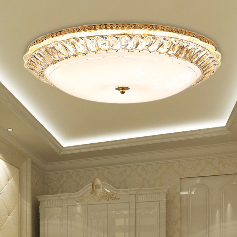 12"/16" W Opal Glass Bowl Ceiling Light Contemporary LED Flush Mount Lamp with K9 Crystal Accent in Gold Gold 23.5" Clearhalo 'Ceiling Lights' 'Close To Ceiling Lights' 'Close to ceiling' 'Flush mount' Lighting' 155079