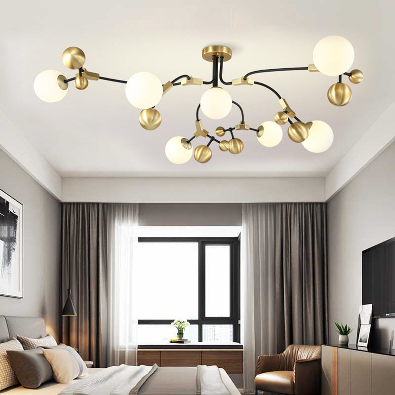 Modern Ball Hanging Lamp Iron 2/5/7-Head Bedroom Chandelier Pendant Light in Brass with White Glass Shade 7 Brass Clearhalo 'Ceiling Lights' 'Chandeliers' 'Glass shade' 'Glass' 'Modern Chandeliers' 'Modern' Lighting' 155087