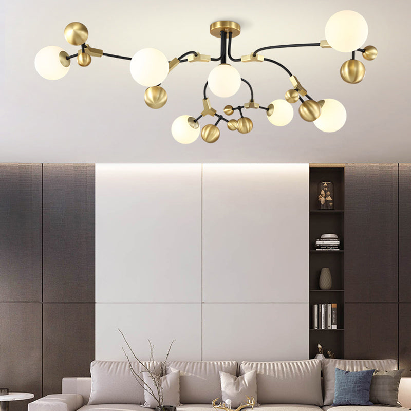 Modern Ball Hanging Lamp Iron 2/5/7-Head Bedroom Chandelier Pendant Light in Brass with White Glass Shade Clearhalo 'Ceiling Lights' 'Chandeliers' 'Glass shade' 'Glass' 'Modern Chandeliers' 'Modern' Lighting' 155088