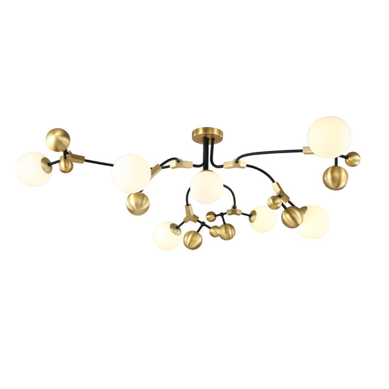 Modern Ball Hanging Lamp Iron 2/5/7-Head Bedroom Chandelier Pendant Light in Brass with White Glass Shade Clearhalo 'Ceiling Lights' 'Chandeliers' 'Glass shade' 'Glass' 'Modern Chandeliers' 'Modern' Lighting' 155089