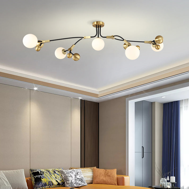 Modern Ball Hanging Lamp Iron 2/5/7-Head Bedroom Chandelier Pendant Light in Brass with White Glass Shade 5 Brass Clearhalo 'Ceiling Lights' 'Chandeliers' 'Glass shade' 'Glass' 'Modern Chandeliers' 'Modern' Lighting' 155091