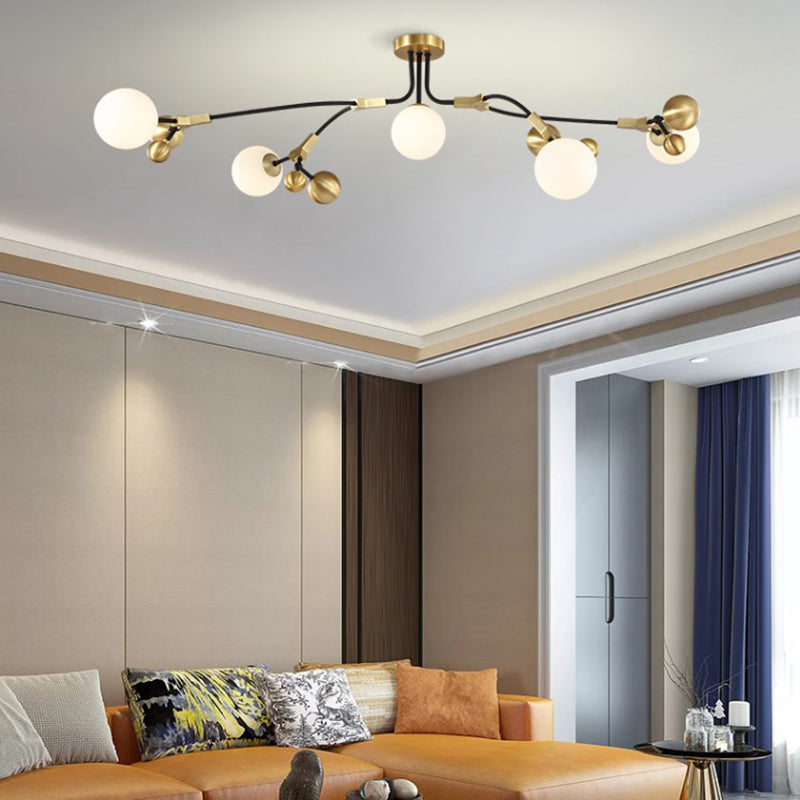 Modern Ball Hanging Lamp Iron 2/5/7-Head Bedroom Chandelier Pendant Light in Brass with White Glass Shade Clearhalo 'Ceiling Lights' 'Chandeliers' 'Glass shade' 'Glass' 'Modern Chandeliers' 'Modern' Lighting' 155092