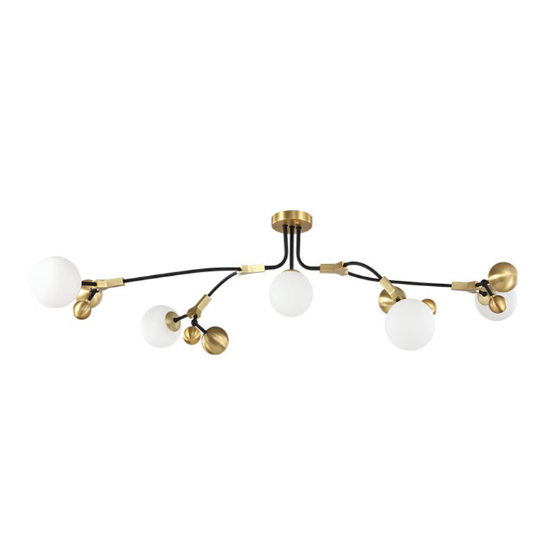 Modern Ball Hanging Lamp Iron 2/5/7-Head Bedroom Chandelier Pendant Light in Brass with White Glass Shade Clearhalo 'Ceiling Lights' 'Chandeliers' 'Glass shade' 'Glass' 'Modern Chandeliers' 'Modern' Lighting' 155093