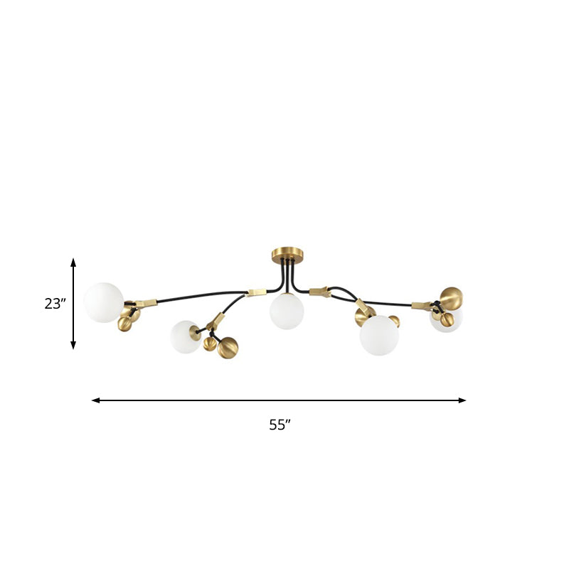 Modern Ball Hanging Lamp Iron 2/5/7-Head Bedroom Chandelier Pendant Light in Brass with White Glass Shade Clearhalo 'Ceiling Lights' 'Chandeliers' 'Glass shade' 'Glass' 'Modern Chandeliers' 'Modern' Lighting' 155094