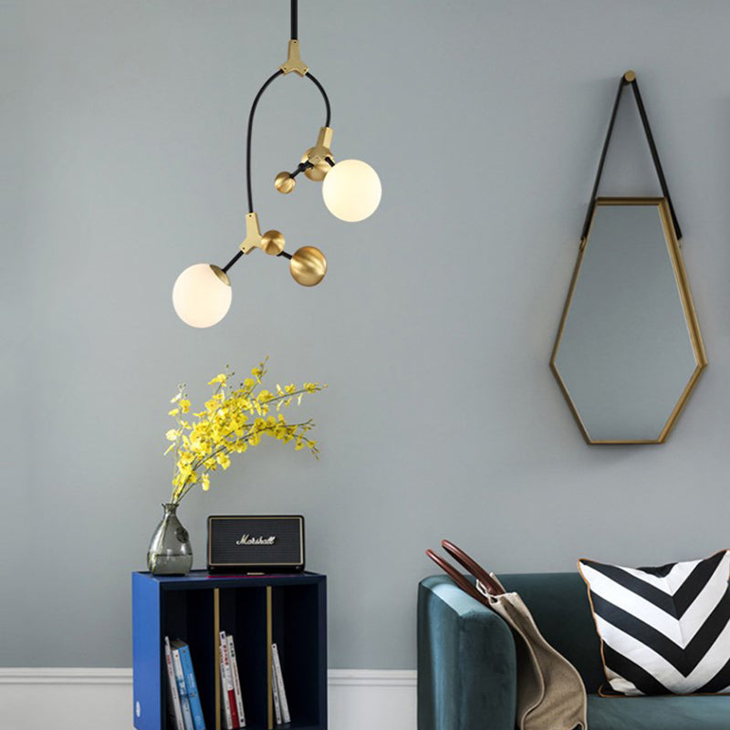 Modern Ball Hanging Lamp Iron 2/5/7-Head Bedroom Chandelier Pendant Light in Brass with White Glass Shade 2 Brass Clearhalo 'Ceiling Lights' 'Chandeliers' 'Glass shade' 'Glass' 'Modern Chandeliers' 'Modern' Lighting' 155095