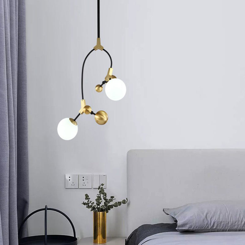 Modern Ball Hanging Lamp Iron 2/5/7-Head Bedroom Chandelier Pendant Light in Brass with White Glass Shade Clearhalo 'Ceiling Lights' 'Chandeliers' 'Glass shade' 'Glass' 'Modern Chandeliers' 'Modern' Lighting' 155096