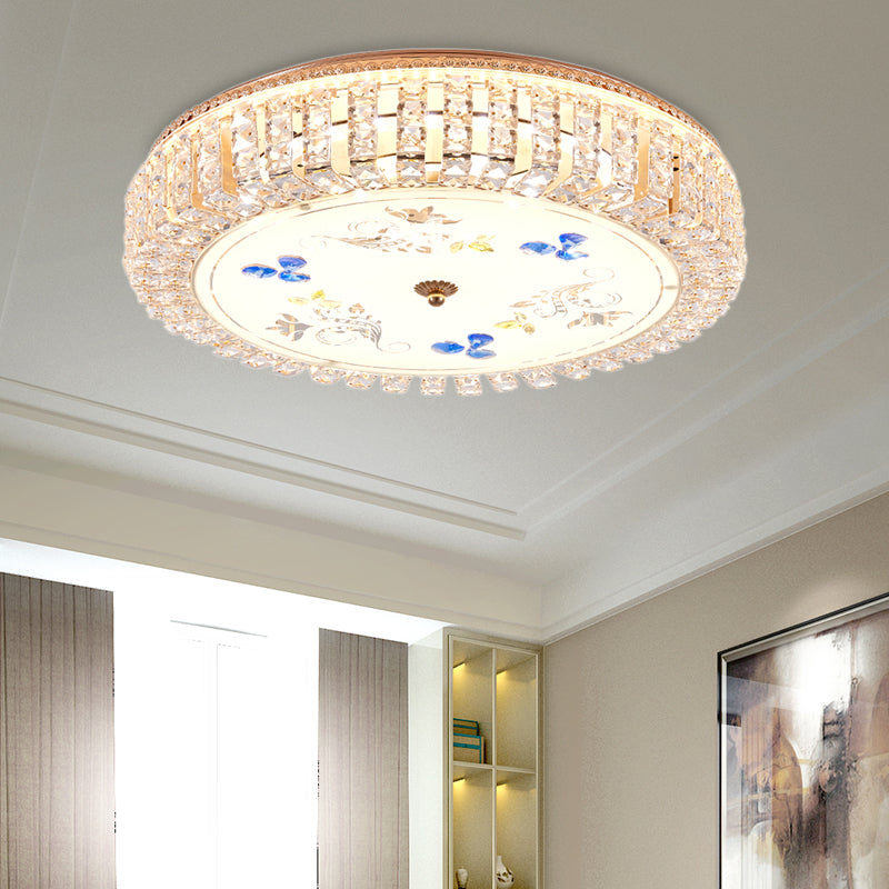 Golden Drum Flushmount Lighting Modern Crystal and Glass 16"/19.5" W Multi Light Ceiling Lamp with Flower Pattern Gold 16" A Clearhalo 'Ceiling Lights' 'Close To Ceiling Lights' 'Close to ceiling' 'Flush mount' Lighting' 155104