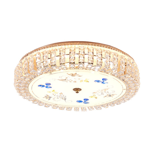 Golden Drum Flushmount Lighting Modern Crystal and Glass 16"/19.5" W Multi Light Ceiling Lamp with Flower Pattern Clearhalo 'Ceiling Lights' 'Close To Ceiling Lights' 'Close to ceiling' 'Flush mount' Lighting' 155106