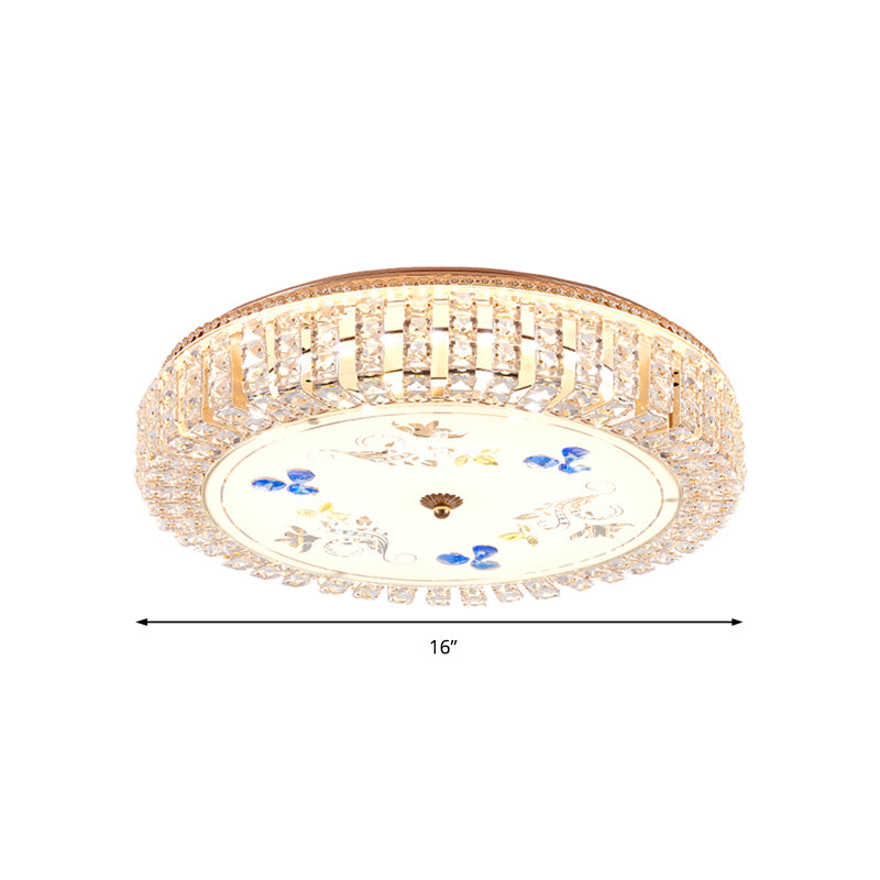 Golden Drum Flushmount Lighting Modern Crystal and Glass 16"/19.5" W Multi Light Ceiling Lamp with Flower Pattern Clearhalo 'Ceiling Lights' 'Close To Ceiling Lights' 'Close to ceiling' 'Flush mount' Lighting' 155107