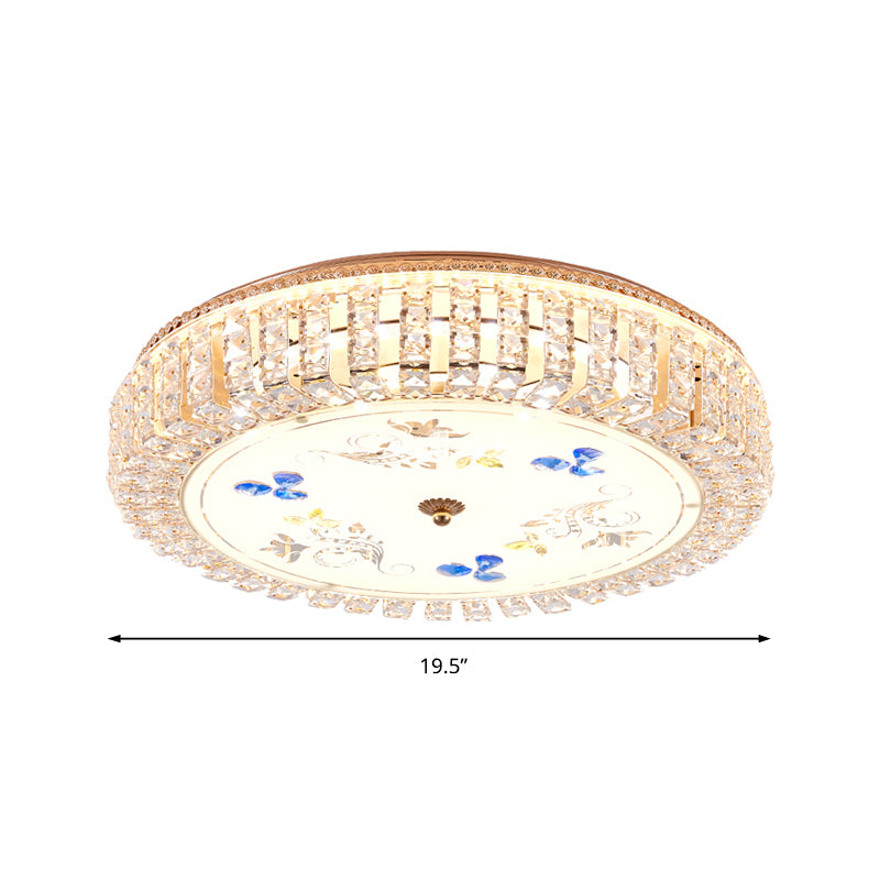 Golden Drum Flushmount Lighting Modern Crystal and Glass 16"/19.5" W Multi Light Ceiling Lamp with Flower Pattern Clearhalo 'Ceiling Lights' 'Close To Ceiling Lights' 'Close to ceiling' 'Flush mount' Lighting' 155108