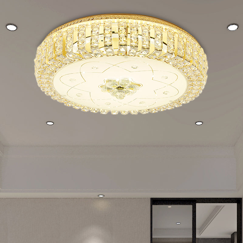 Golden Drum Flushmount Lighting Modern Crystal and Glass 16"/19.5" W Multi Light Ceiling Lamp with Flower Pattern Gold 23.5" B Clearhalo 'Ceiling Lights' 'Close To Ceiling Lights' 'Close to ceiling' 'Flush mount' Lighting' 155110