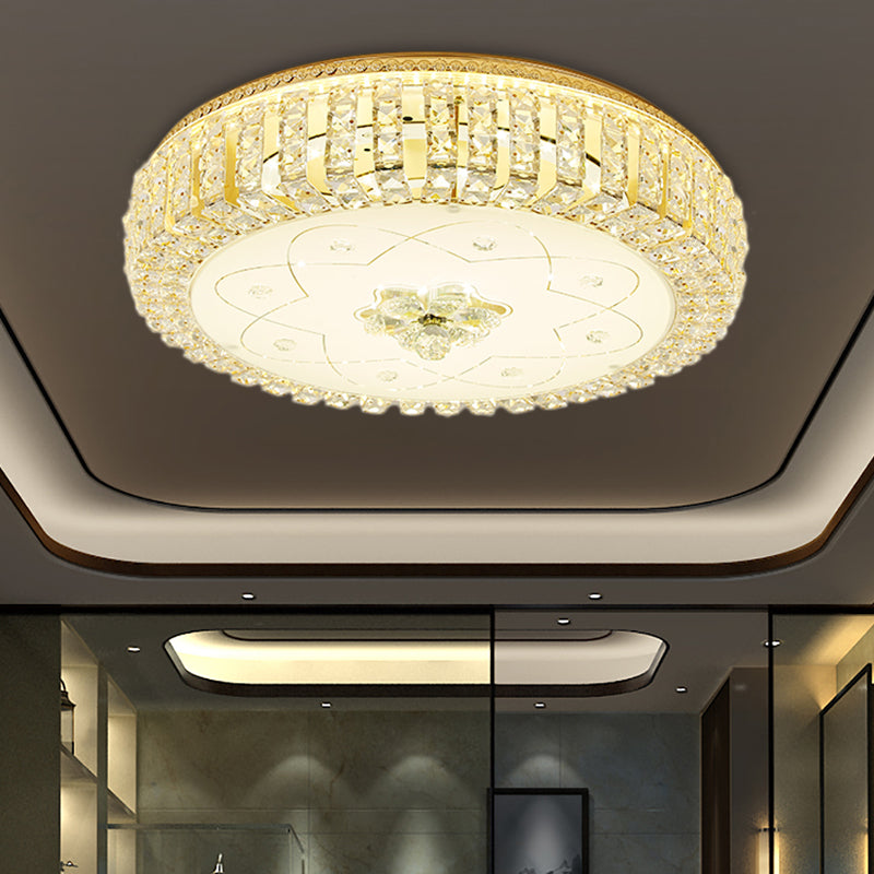 Golden Drum Flushmount Lighting Modern Crystal and Glass 16"/19.5" W Multi Light Ceiling Lamp with Flower Pattern Gold 19.5" B Clearhalo 'Ceiling Lights' 'Close To Ceiling Lights' 'Close to ceiling' 'Flush mount' Lighting' 155112