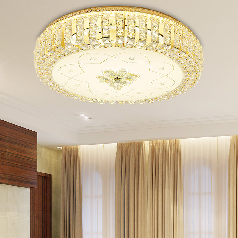 Golden Drum Flushmount Lighting Modern Crystal and Glass 16"/19.5" W Multi Light Ceiling Lamp with Flower Pattern Gold 16" B Clearhalo 'Ceiling Lights' 'Close To Ceiling Lights' 'Close to ceiling' 'Flush mount' Lighting' 155114