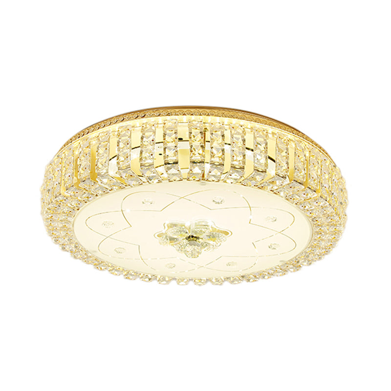 Golden Drum Flushmount Lighting Modern Crystal and Glass 16"/19.5" W Multi Light Ceiling Lamp with Flower Pattern Clearhalo 'Ceiling Lights' 'Close To Ceiling Lights' 'Close to ceiling' 'Flush mount' Lighting' 155116