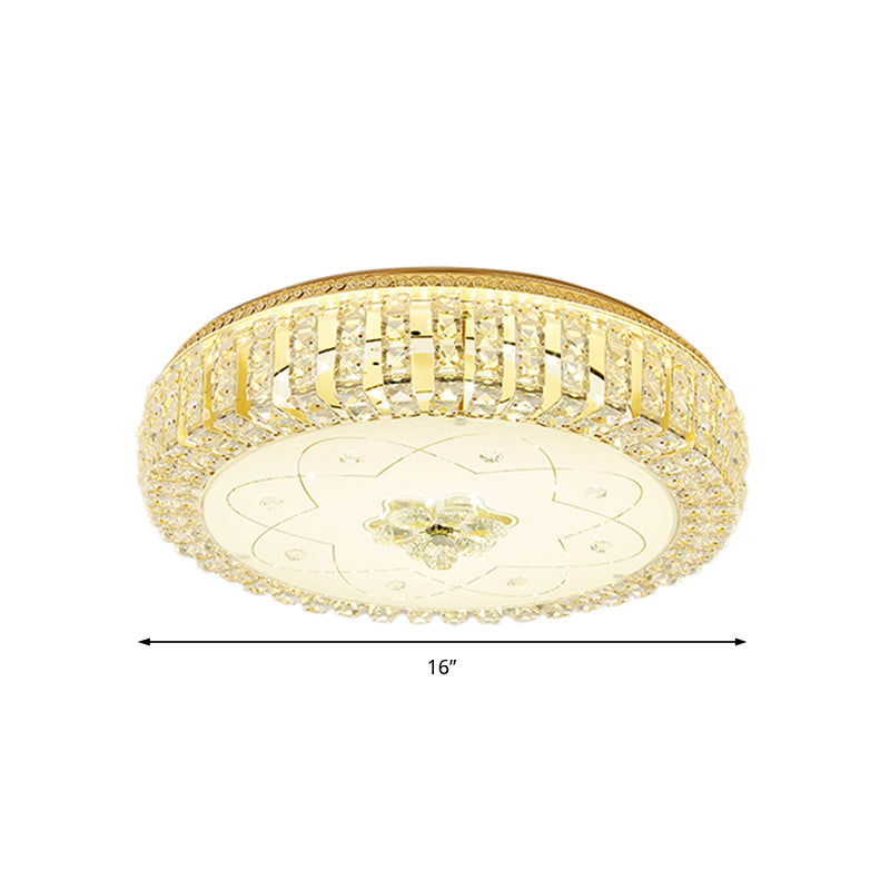 Golden Drum Flushmount Lighting Modern Crystal and Glass 16"/19.5" W Multi Light Ceiling Lamp with Flower Pattern Clearhalo 'Ceiling Lights' 'Close To Ceiling Lights' 'Close to ceiling' 'Flush mount' Lighting' 155117