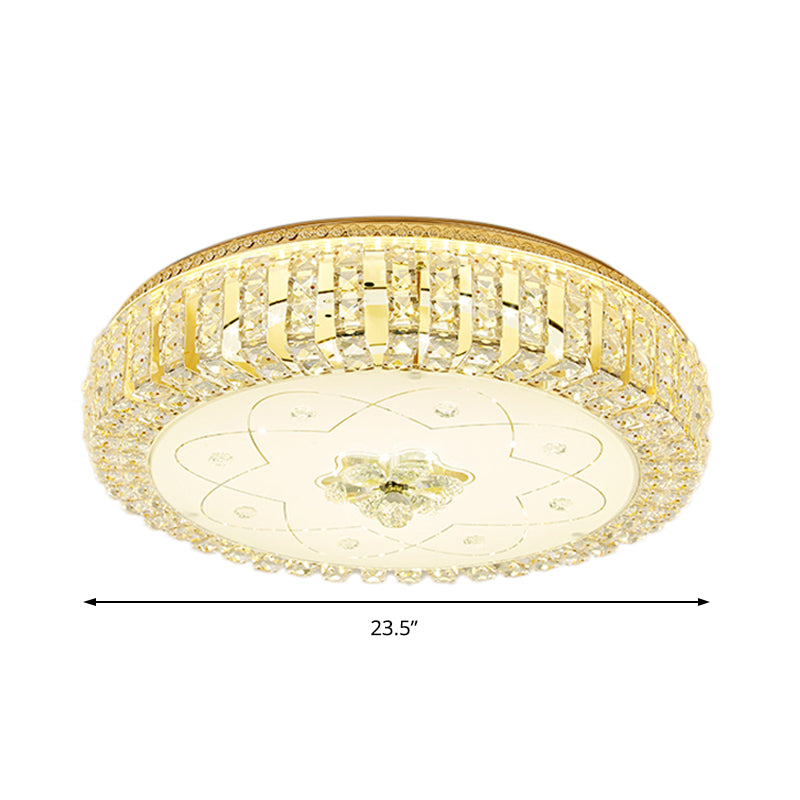 Golden Drum Flushmount Lighting Modern Crystal and Glass 16"/19.5" W Multi Light Ceiling Lamp with Flower Pattern Clearhalo 'Ceiling Lights' 'Close To Ceiling Lights' 'Close to ceiling' 'Flush mount' Lighting' 155119