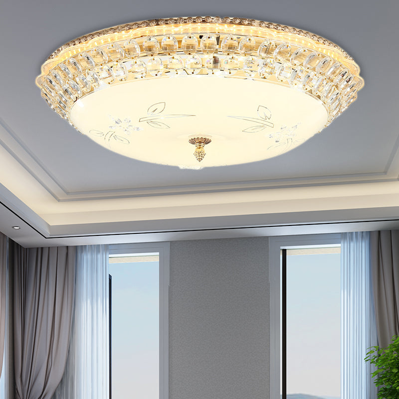 Modernist Bowl Flush Lighting White Glass and Clear Crystal LED Flush Pendant Light for Bedroom, 12"/16" Dia Clearhalo 'Ceiling Lights' 'Close To Ceiling Lights' 'Close to ceiling' 'Flush mount' Lighting' 155133