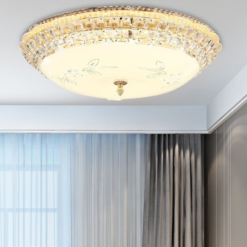 Modernist Bowl Flush Lighting White Glass and Clear Crystal LED Flush Pendant Light for Bedroom, 12"/16" Dia White 16" Clearhalo 'Ceiling Lights' 'Close To Ceiling Lights' 'Close to ceiling' 'Flush mount' Lighting' 155134