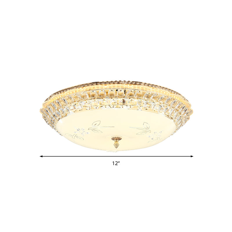 Modernist Bowl Flush Lighting White Glass and Clear Crystal LED Flush Pendant Light for Bedroom, 12"/16" Dia Clearhalo 'Ceiling Lights' 'Close To Ceiling Lights' 'Close to ceiling' 'Flush mount' Lighting' 155141