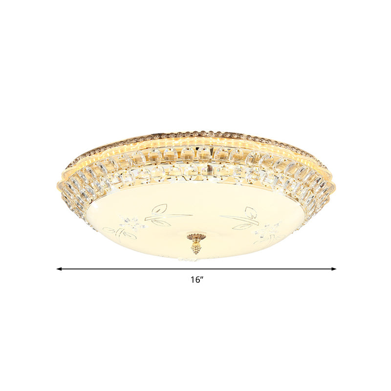 Modernist Bowl Flush Lighting White Glass and Clear Crystal LED Flush Pendant Light for Bedroom, 12"/16" Dia Clearhalo 'Ceiling Lights' 'Close To Ceiling Lights' 'Close to ceiling' 'Flush mount' Lighting' 155142