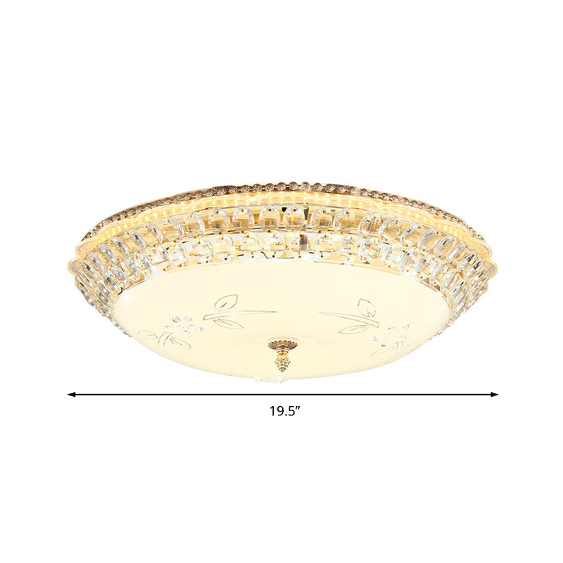 Modernist Bowl Flush Lighting White Glass and Clear Crystal LED Flush Pendant Light for Bedroom, 12"/16" Dia Clearhalo 'Ceiling Lights' 'Close To Ceiling Lights' 'Close to ceiling' 'Flush mount' Lighting' 155143