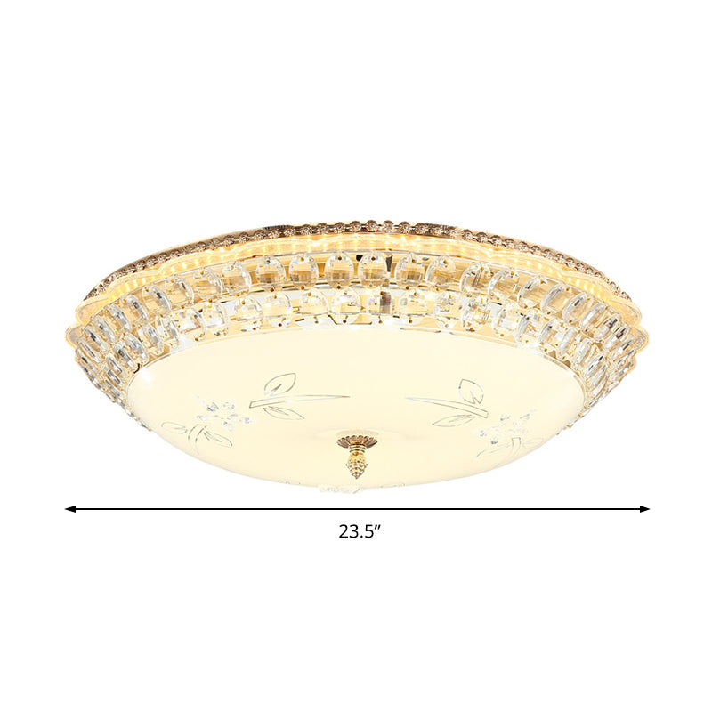 Modernist Bowl Flush Lighting White Glass and Clear Crystal LED Flush Pendant Light for Bedroom, 12"/16" Dia Clearhalo 'Ceiling Lights' 'Close To Ceiling Lights' 'Close to ceiling' 'Flush mount' Lighting' 155144