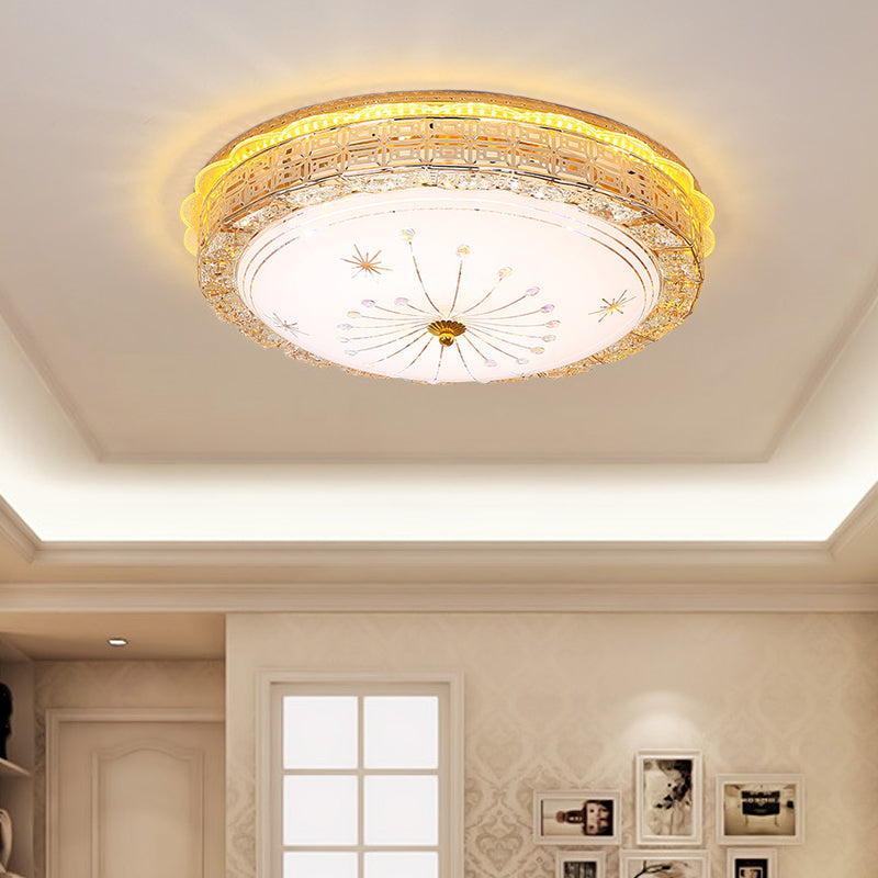 LED Circular Flush Pendant Light Vintage Style Frosted Glass Ceiling Flush Mount with Etched Metal Design in Gold Clearhalo 'Ceiling Lights' 'Close To Ceiling Lights' 'Close to ceiling' 'Flush mount' Lighting' 155146