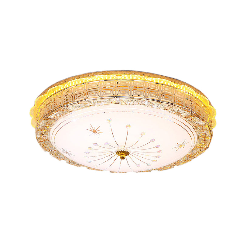 LED Circular Flush Pendant Light Vintage Style Frosted Glass Ceiling Flush Mount with Etched Metal Design in Gold Clearhalo 'Ceiling Lights' 'Close To Ceiling Lights' 'Close to ceiling' 'Flush mount' Lighting' 155147