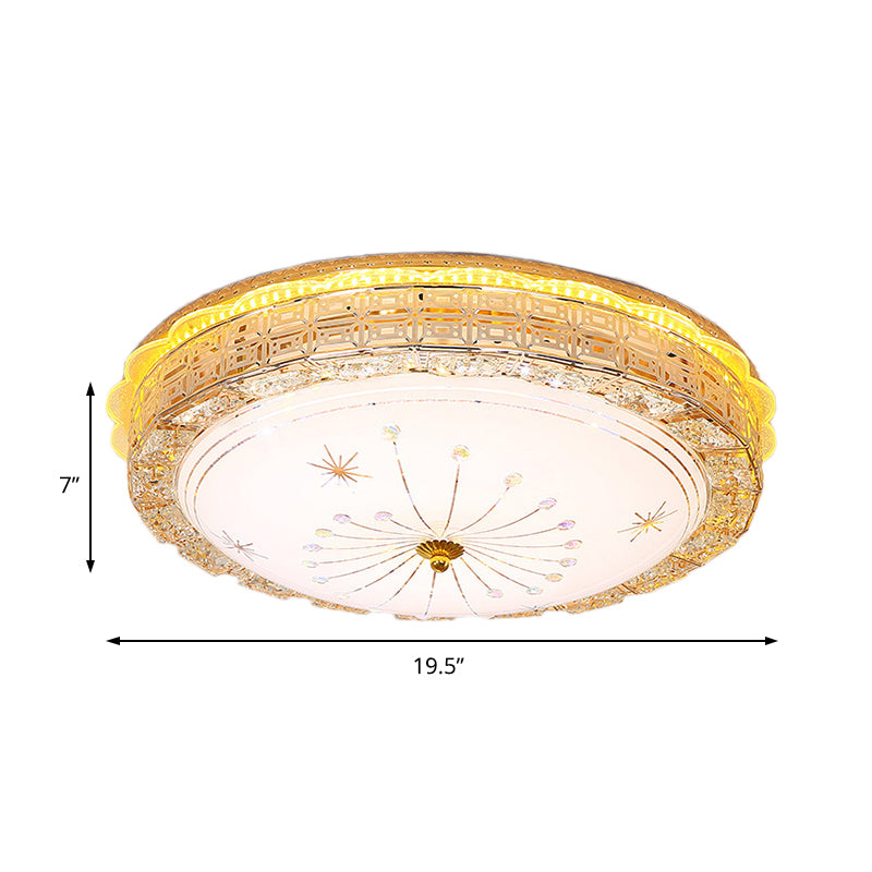 LED Circular Flush Pendant Light Vintage Style Frosted Glass Ceiling Flush Mount with Etched Metal Design in Gold Clearhalo 'Ceiling Lights' 'Close To Ceiling Lights' 'Close to ceiling' 'Flush mount' Lighting' 155148