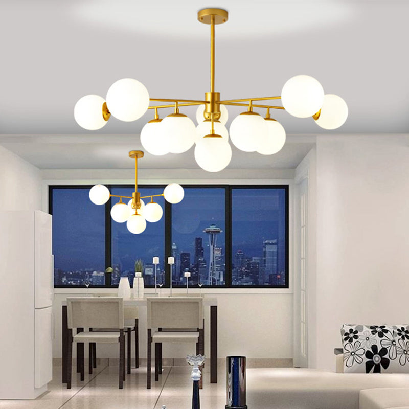 Black/Gold Branch Chandelier Modern 7/9/11-Light Iron Ceiling Pendant with White Glass Ball Shade Clearhalo 'Ceiling Lights' 'Chandeliers' 'Glass shade' 'Glass' 'Modern Chandeliers' 'Modern' Lighting' 155168