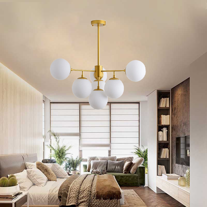 Black/Gold Branch Chandelier Modern 7/9/11-Light Iron Ceiling Pendant with White Glass Ball Shade 7 Gold Clearhalo 'Ceiling Lights' 'Chandeliers' 'Glass shade' 'Glass' 'Modern Chandeliers' 'Modern' Lighting' 155175