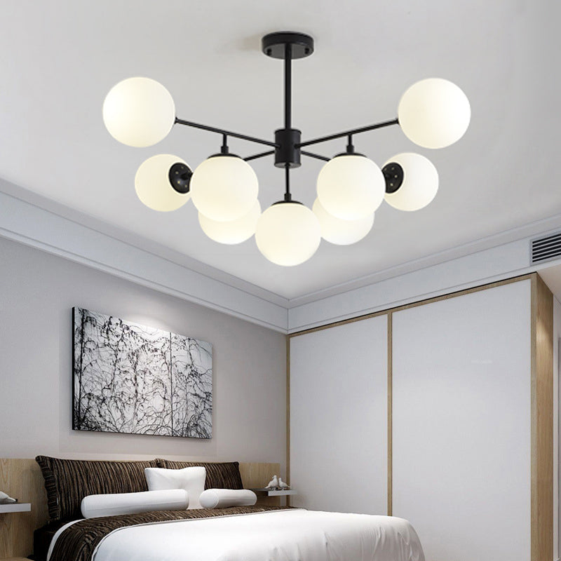 Black/Gold Branch Chandelier Modern 7/9/11-Light Iron Ceiling Pendant with White Glass Ball Shade 9 Black Clearhalo 'Ceiling Lights' 'Chandeliers' 'Glass shade' 'Glass' 'Modern Chandeliers' 'Modern' Lighting' 155182