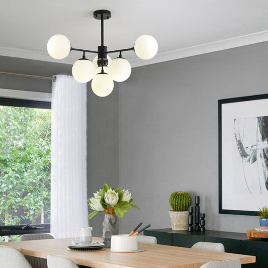 Black/Gold Branch Chandelier Modern 7/9/11-Light Iron Ceiling Pendant with White Glass Ball Shade 7 Black Clearhalo 'Ceiling Lights' 'Chandeliers' 'Glass shade' 'Glass' 'Modern Chandeliers' 'Modern' Lighting' 155186