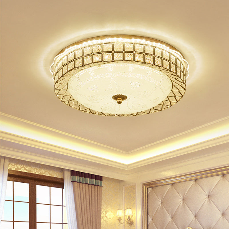 LED Circular Ceiling Light Modern Clear Crystal Flush Mount Lighting with Geometric Accent and White Glass Diffuser Clearhalo 'Ceiling Lights' 'Close To Ceiling Lights' 'Close to ceiling' 'Flush mount' Lighting' 155191