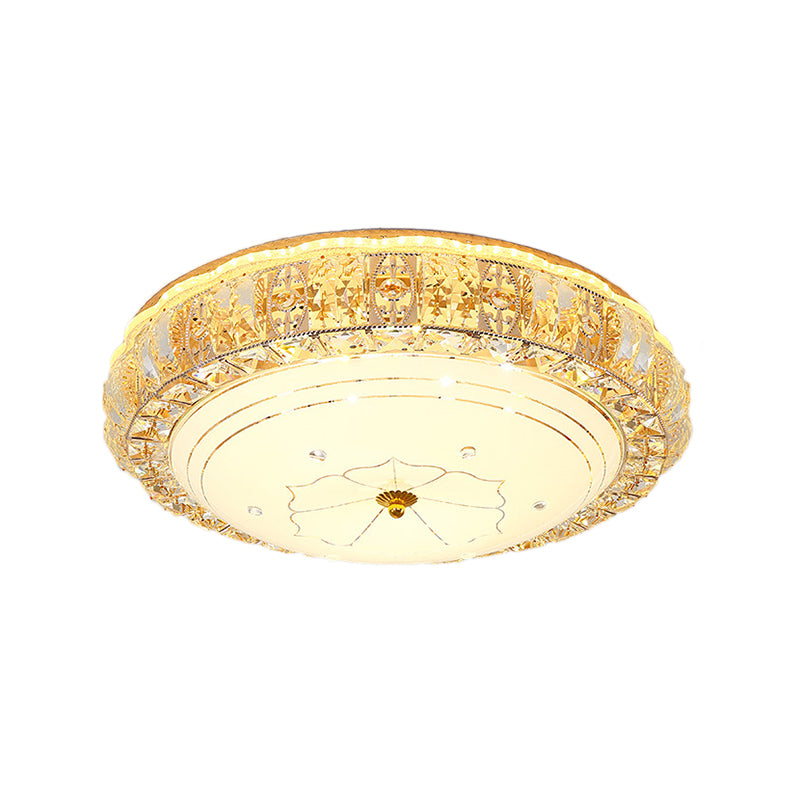 Clear K9 Crystal Round Ceiling Light Vintage Led Flush Mount Light with White Glass Diffuser and Flower Pattern Clearhalo 'Ceiling Lights' 'Close To Ceiling Lights' 'Close to ceiling' 'Flush mount' Lighting' 155196