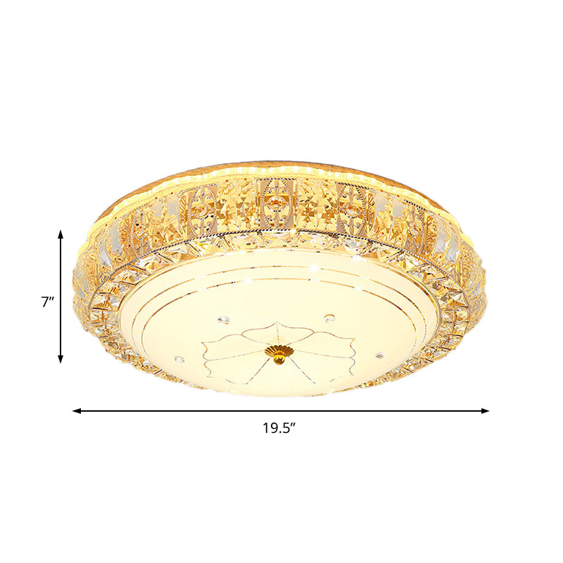 Clear K9 Crystal Round Ceiling Light Vintage Led Flush Mount Light with White Glass Diffuser and Flower Pattern Clearhalo 'Ceiling Lights' 'Close To Ceiling Lights' 'Close to ceiling' 'Flush mount' Lighting' 155197