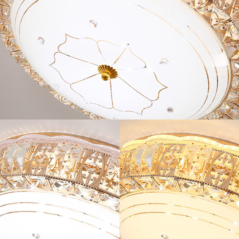 Clear K9 Crystal Round Ceiling Light Vintage Led Flush Mount Light with White Glass Diffuser and Flower Pattern Clearhalo 'Ceiling Lights' 'Close To Ceiling Lights' 'Close to ceiling' 'Flush mount' Lighting' 155198