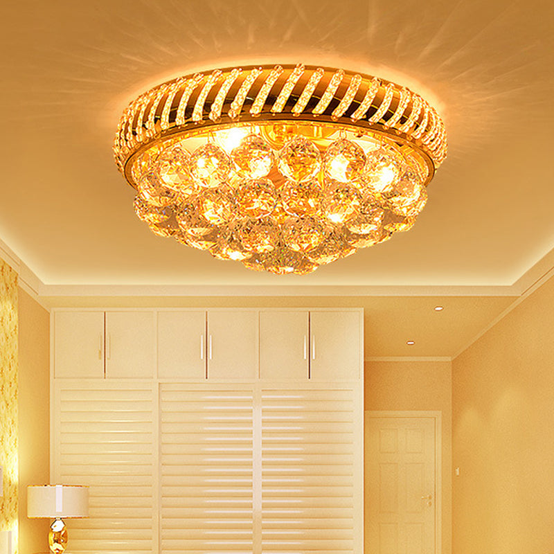 Clear Crystal Ball Flush Mount Chandelier with Round Shade Modern 14"/18" W 3/4/5 Heads Flush Mount Light in Gold Gold 18" Clearhalo 'Ceiling Lights' 'Close To Ceiling Lights' 'Close to ceiling' 'Flush mount' Lighting' 155206